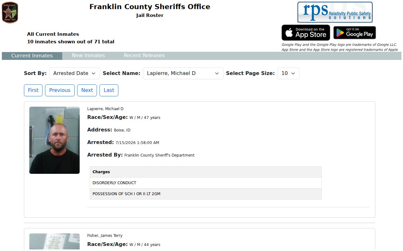 Franklin County criminal history jail roster interface